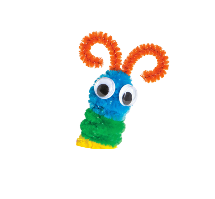 Colorful pipe cleaner caterpillar craft with googly eyes and whimsical antennae.