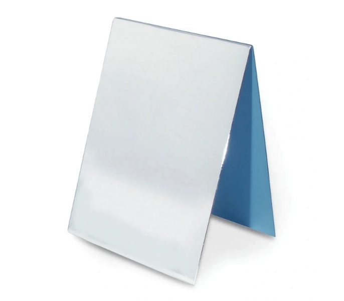 Desktop tent card with a glossy finish and blue backing for signage display.