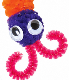 Colorful octopus craft made from pom poms and pipe cleaners with googly eyes.