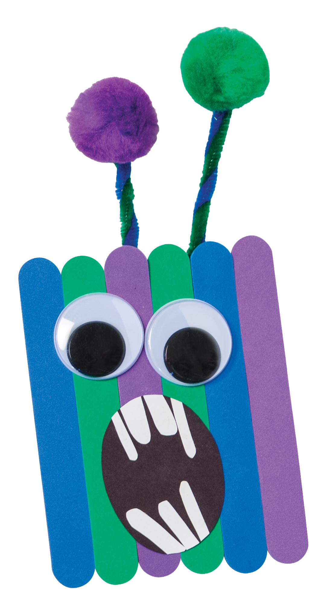 Colorful DIY monster craft made with popsicle sticks and googly eyes.