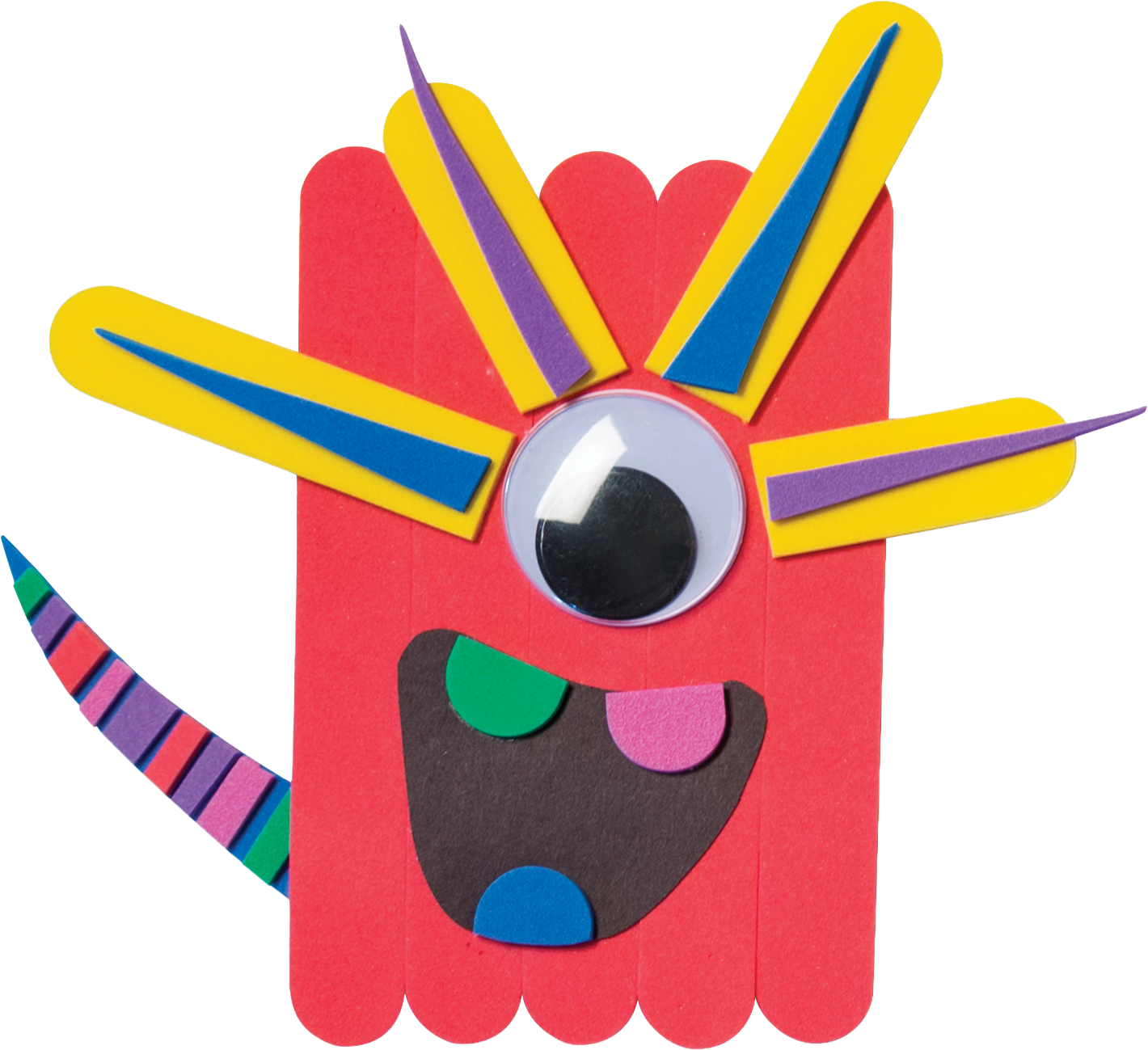 Colorful monster craft made from popsicle sticks and foam shapes.