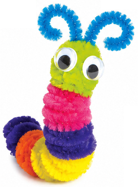 Colorful craft caterpillar made from pom poms and pipe cleaners with googly eyes.